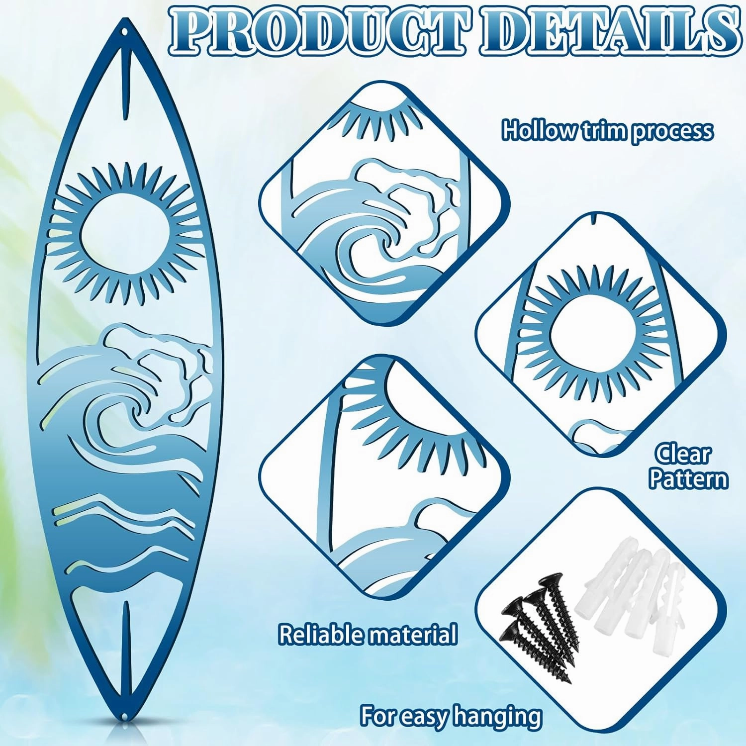 Gisafai 4 Pieces Metal Surf Board Wall Decor Summer Metal Surfboard Beach Signs Hawaiian Decorative Surfboard Tropical Hibiscus Flower Palm Tree Pineapple Surfboard for Wall Door, Blue (Classic)