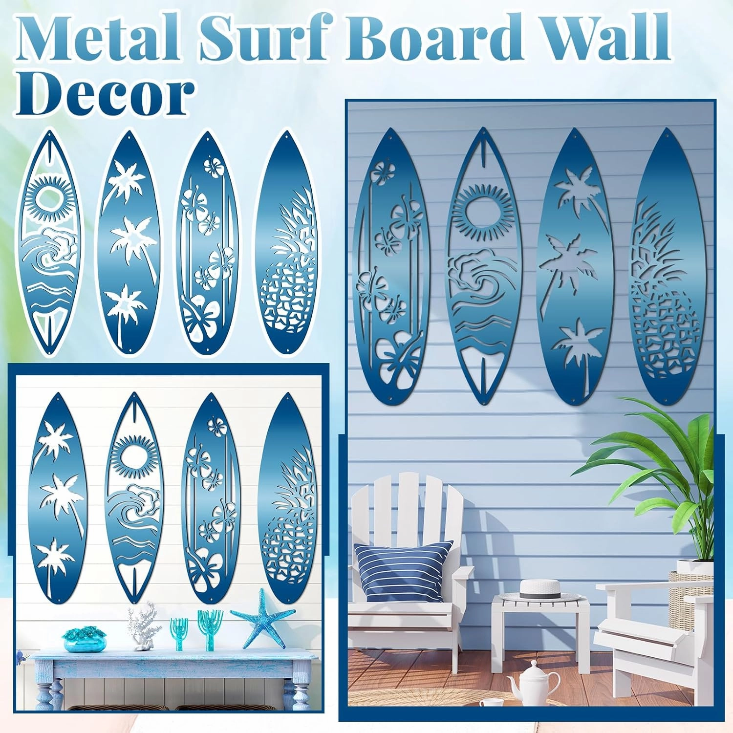 Gisafai 4 Pieces Metal Surf Board Wall Decor Summer Metal Surfboard Beach Signs Hawaiian Decorative Surfboard Tropical Hibiscus Flower Palm Tree Pineapple Surfboard for Wall Door, Blue (Classic)