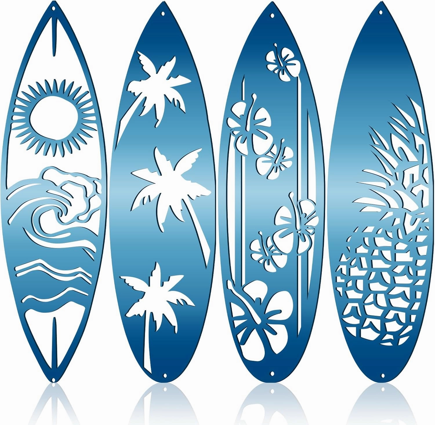 Gisafai 4 Pieces Metal Surf Board Wall Decor Summer Metal Surfboard Beach Signs Hawaiian Decorative Surfboard Tropical Hibiscus Flower Palm Tree Pineapple Surfboard for Wall Door, Blue (Classic)