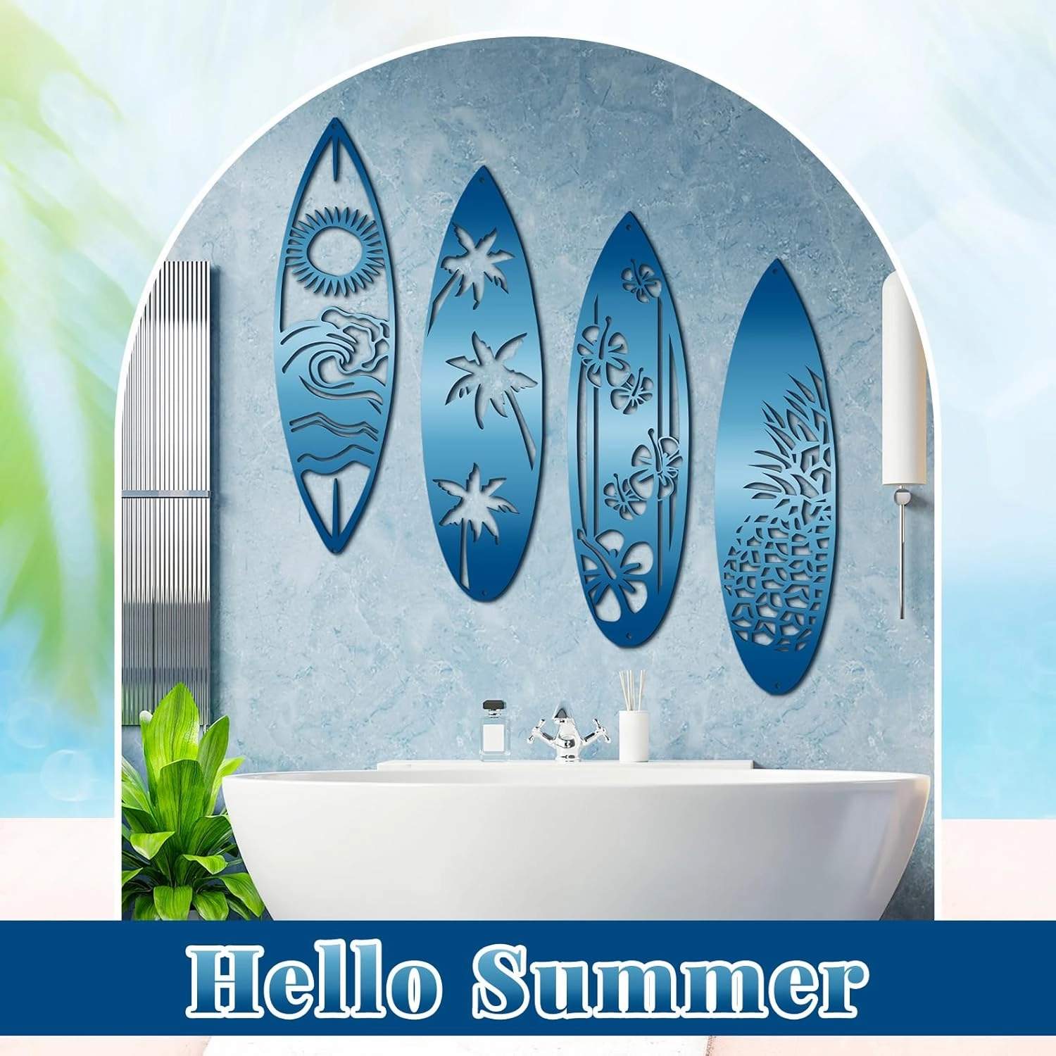 Gisafai 4 Pieces Metal Surf Board Wall Decor Summer Metal Surfboard Beach Signs Hawaiian Decorative Surfboard Tropical Hibiscus Flower Palm Tree Pineapple Surfboard for Wall Door, Blue (Classic)