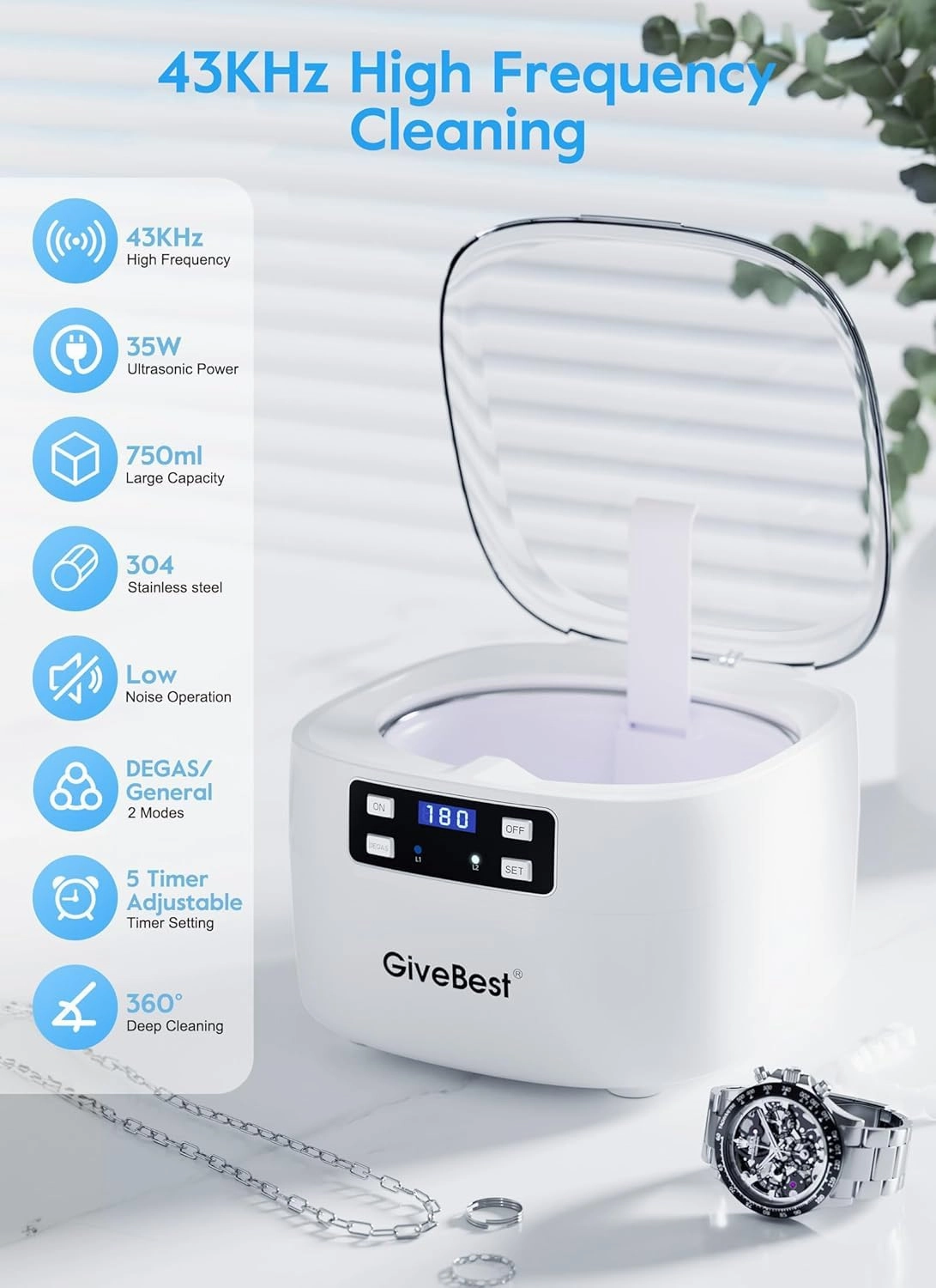 GiveBest 43Khz 25oz Ultrasonic Jewelry Cleaner, 5 Digital Timer, Degassing Function, Professional Jewelry Cleaner Ultrasonic Machine for Rings, Necklaces, Eyeglasses, Dentures, Watch Straps, White