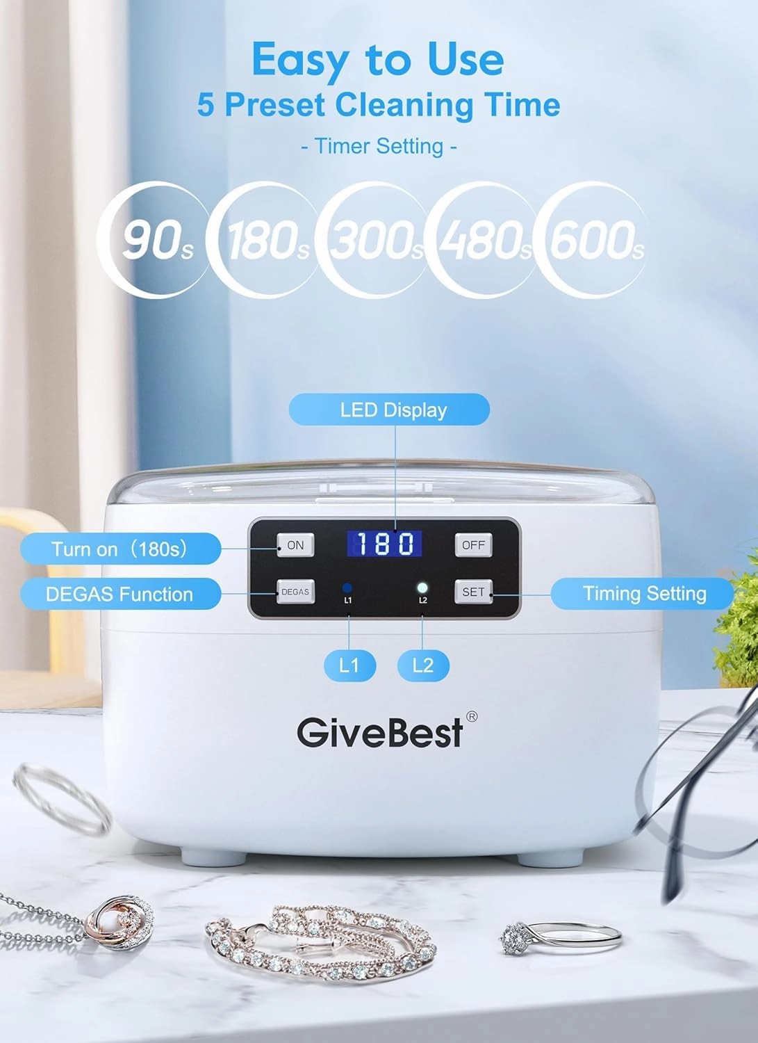 GiveBest 43Khz 25oz Ultrasonic Jewelry Cleaner, 5 Digital Timer, Degassing Function, Professional Jewelry Cleaner Ultrasonic Machine for Rings, Necklaces, Eyeglasses, Dentures, Watch Straps, White