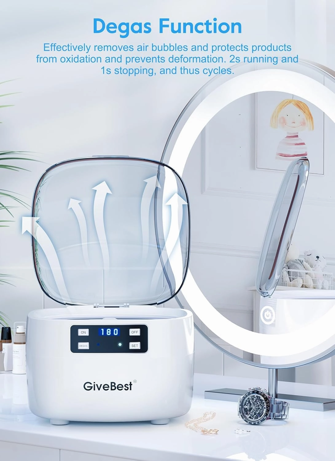 GiveBest 43Khz 25oz Ultrasonic Jewelry Cleaner, 5 Digital Timer, Degassing Function, Professional Jewelry Cleaner Ultrasonic Machine for Rings, Necklaces, Eyeglasses, Dentures, Watch Straps, White