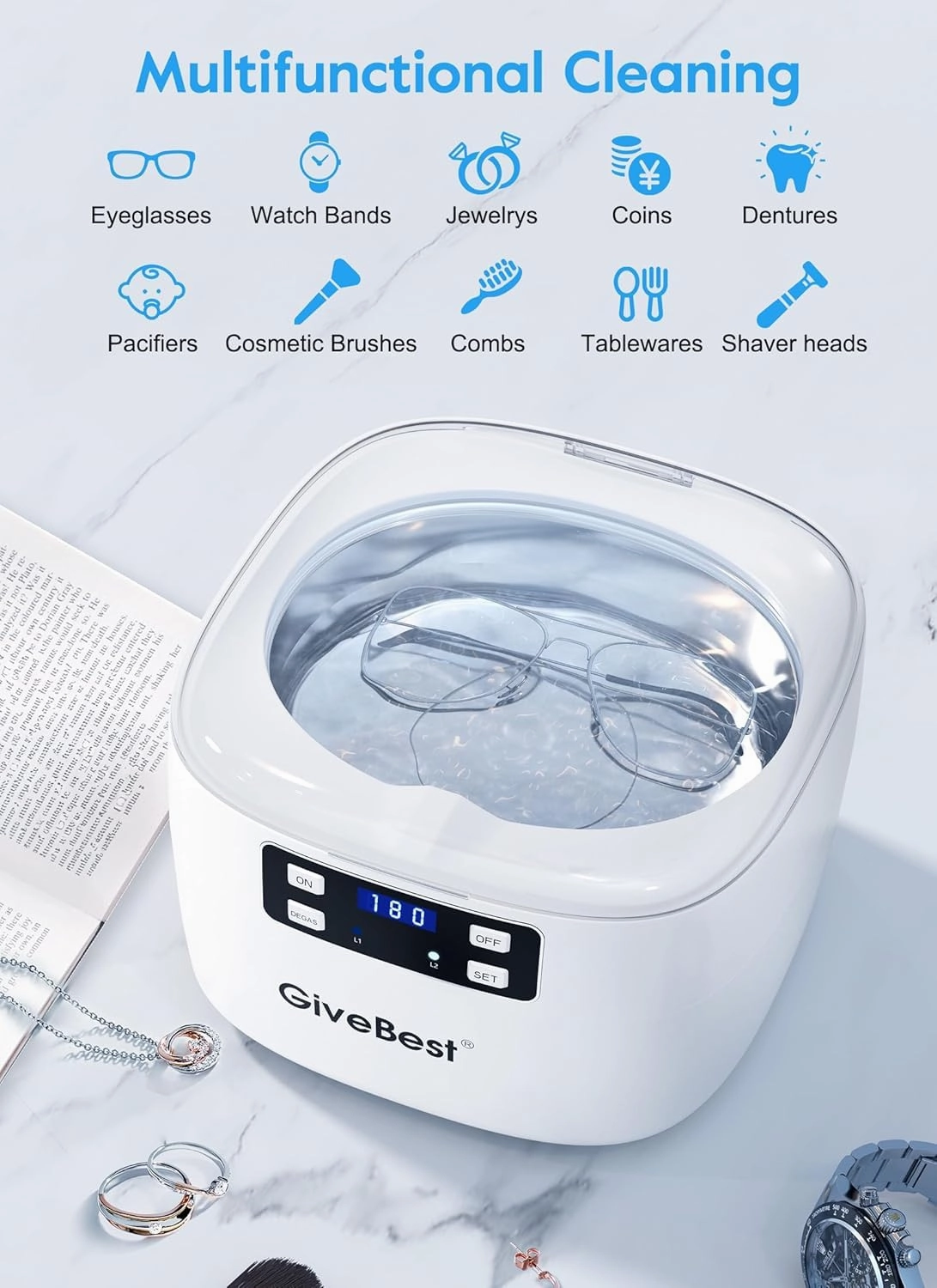 GiveBest 43Khz 25oz Ultrasonic Jewelry Cleaner, 5 Digital Timer, Degassing Function, Professional Jewelry Cleaner Ultrasonic Machine for Rings, Necklaces, Eyeglasses, Dentures, Watch Straps, White