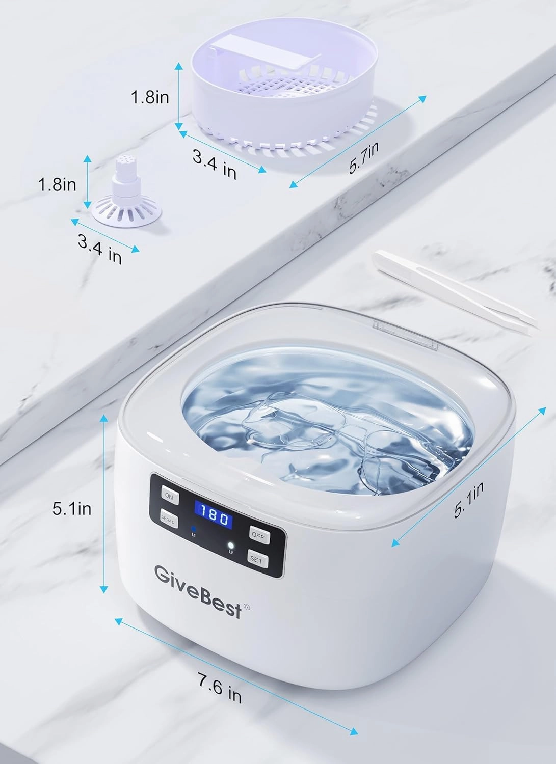 GiveBest 43Khz 25oz Ultrasonic Jewelry Cleaner, 5 Digital Timer, Degassing Function, Professional Jewelry Cleaner Ultrasonic Machine for Rings, Necklaces, Eyeglasses, Dentures, Watch Straps, White
