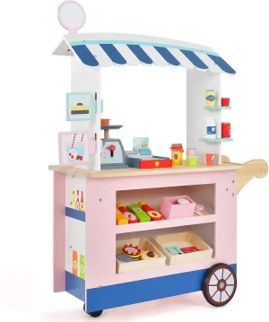 GLACER Grocery Store Pretend Play, Wooden Marketplace Toy Playset w/30 PCS Play Food Accessories, Cash Register & Scale, Market Stand w/Wheels & Beverage Rack, Play Store for Boys & Girls