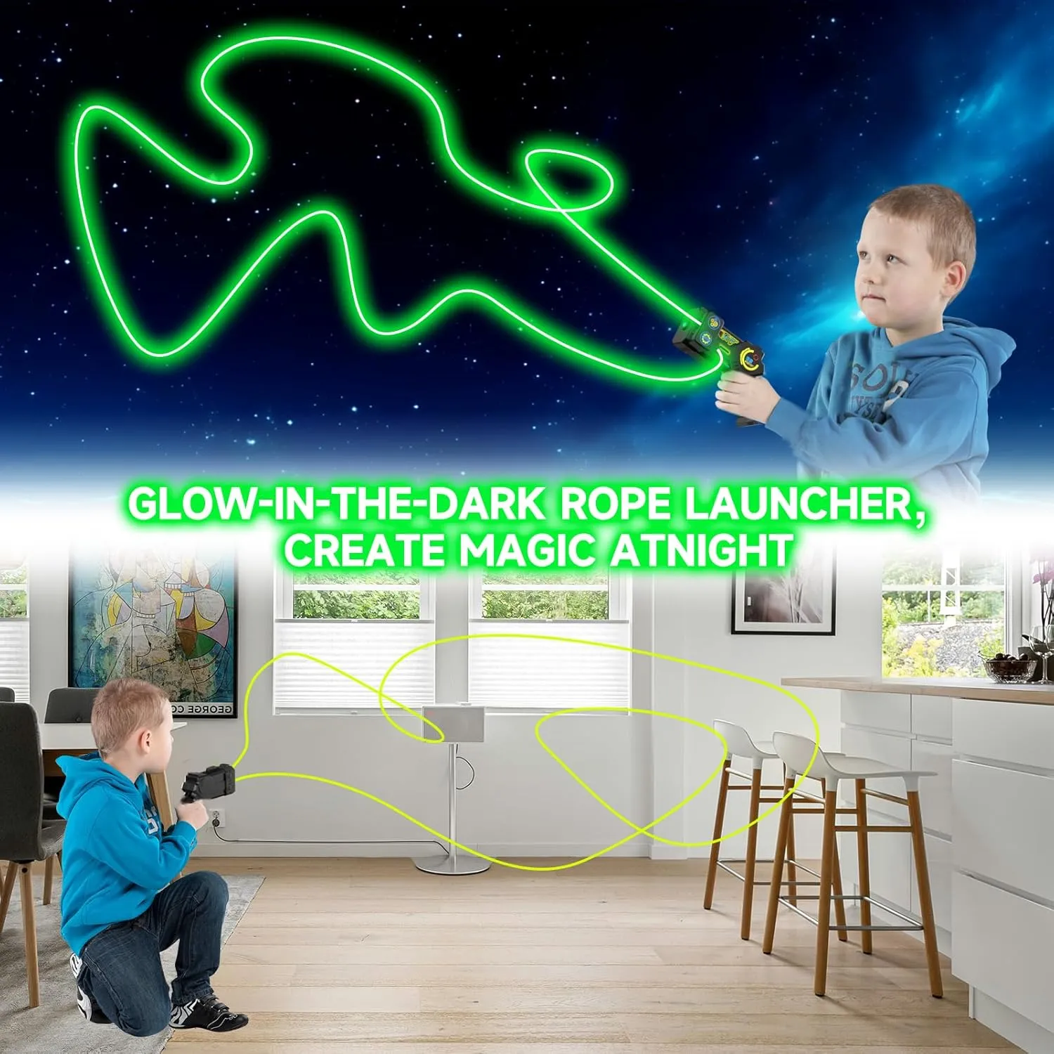 Glow in The Dark String Rope Launcher ,Hand Held Novelty Fun String Shooter , Rope Launcher Fidget Toy,a Lasso Game String Shooter Toy, Party Birthday Gifts for Children Aged 3-14 (Black)