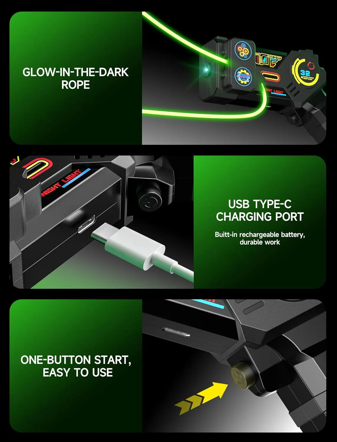 Glow in The Dark String Rope Launcher ,Hand Held Novelty Fun String Shooter , Rope Launcher Fidget Toy,a Lasso Game String Shooter Toy, Party Birthday Gifts for Children Aged 3-14 (Black)