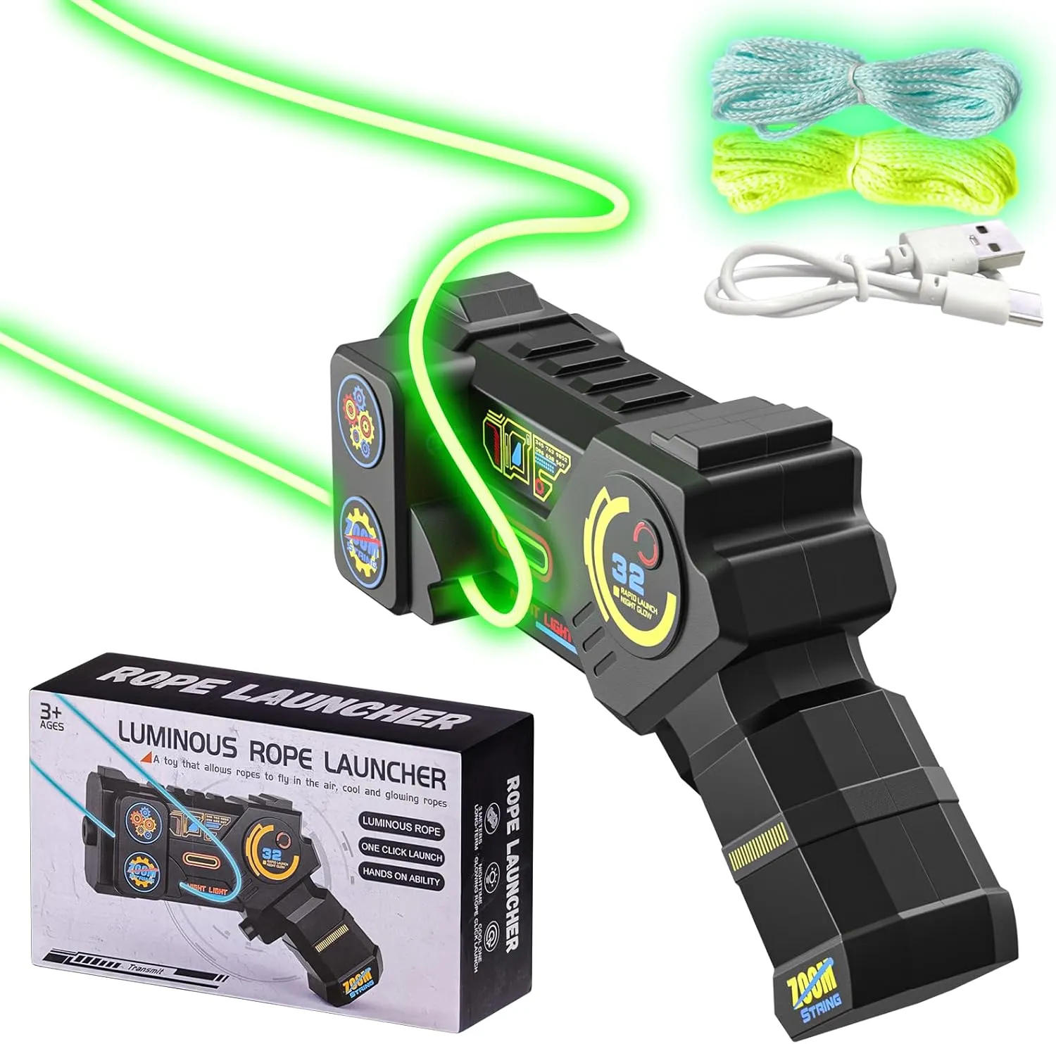 Glow in The Dark String Rope Launcher ,Hand Held Novelty Fun String Shooter , Rope Launcher Fidget Toy,a Lasso Game String Shooter Toy, Party Birthday Gifts for Children Aged 3-14 (Black)