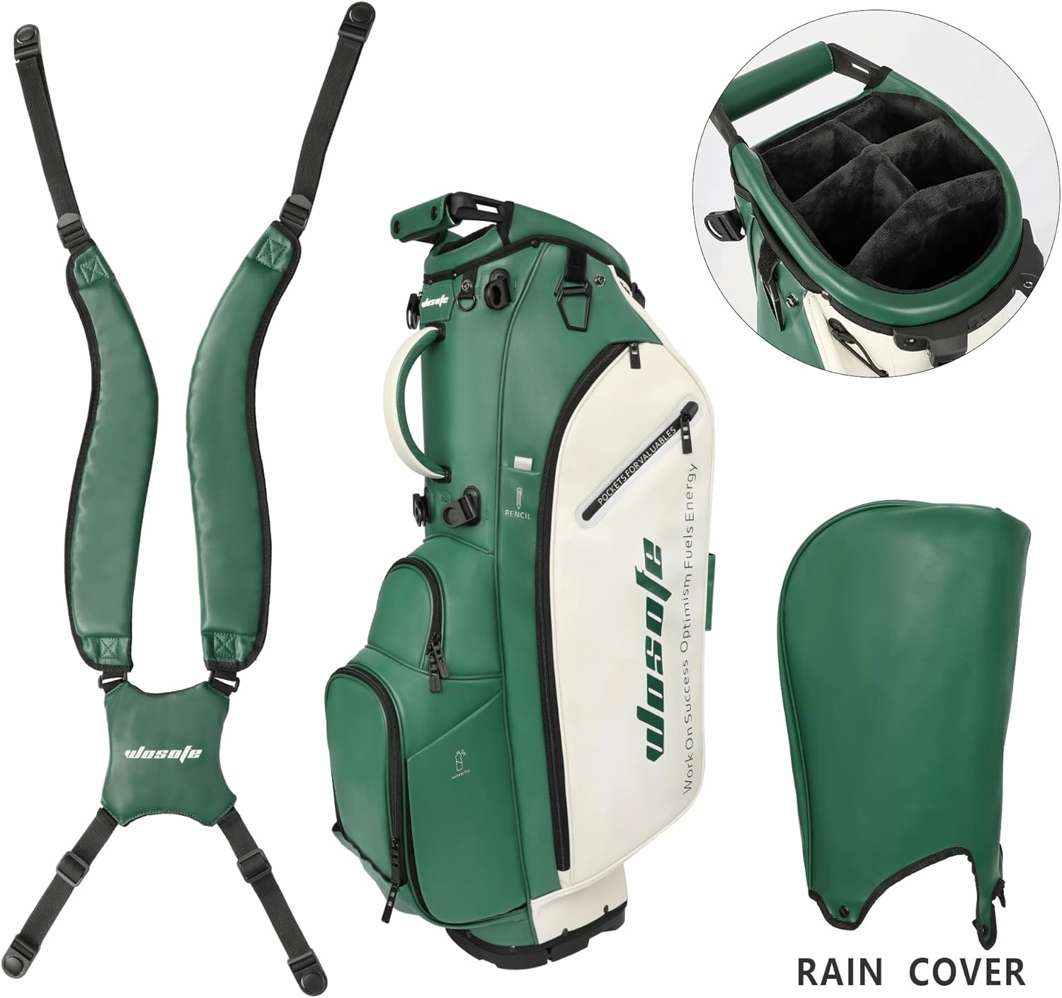 Golf Club Stand Bag PU Leather 14-Way Full Length Top Dividers Waterproof Men Women, Lightweight Multiple 8 Pockets Cooler Pouch Adjustable Detachable Shoulder Dual Straps Rain Cover Hood