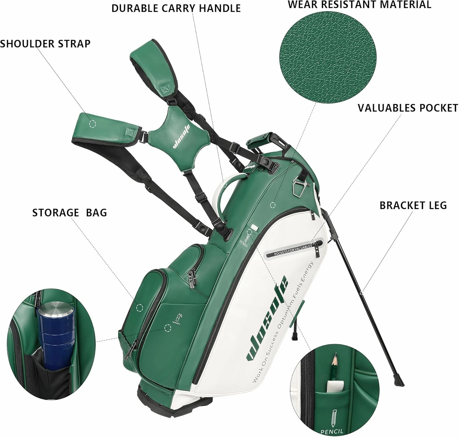 Golf Club Stand Bag PU Leather 14-Way Full Length Top Dividers Waterproof Men Women, Lightweight Multiple 8 Pockets Cooler Pouch Adjustable Detachable Shoulder Dual Straps Rain Cover Hood
