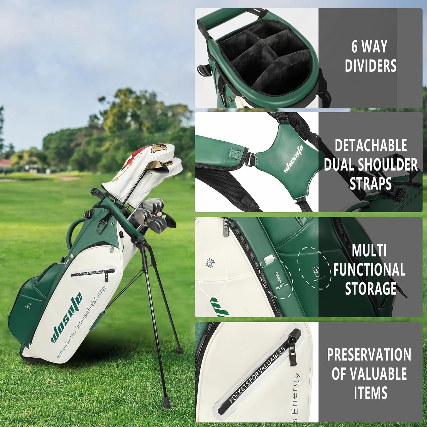 Golf Club Stand Bag PU Leather 14-Way Full Length Top Dividers Waterproof Men Women, Lightweight Multiple 8 Pockets Cooler Pouch Adjustable Detachable Shoulder Dual Straps Rain Cover Hood