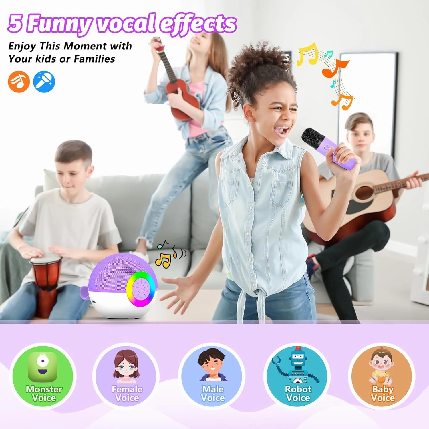goopow Mini Karaoke Machine Speaker for Kids Adults, Portable Bluetooth Microphone Song Toys with LED Light, Best Chritmas Birthday Festival Gift for 3 4 5 6 7 8  Year Old Girls Boys (Purple-2 Mic)