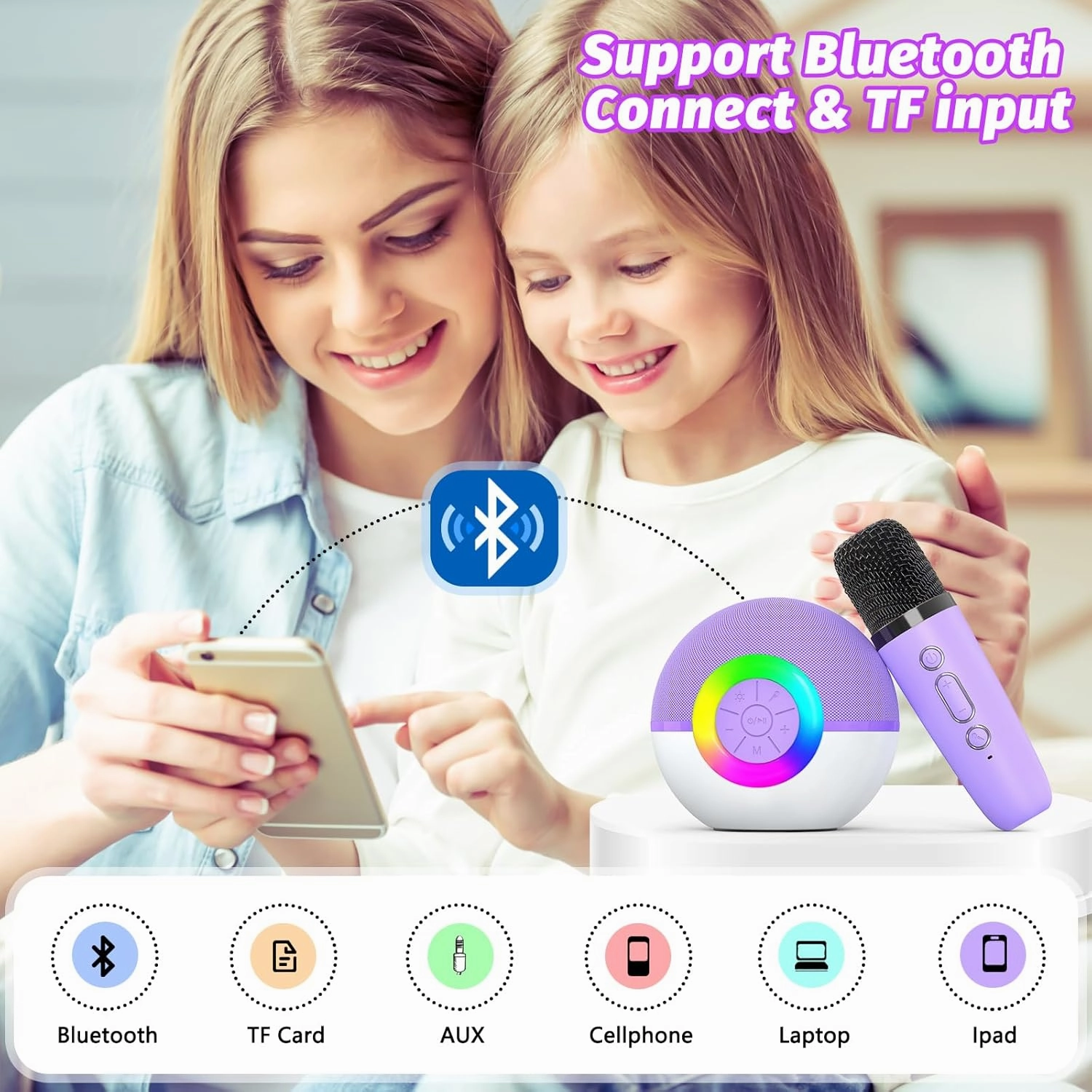 goopow Mini Karaoke Machine Speaker for Kids Adults, Portable Bluetooth Microphone Song Toys with LED Light, Best Chritmas Birthday Festival Gift for 3 4 5 6 7 8  Year Old Girls Boys (Purple-2 Mic)