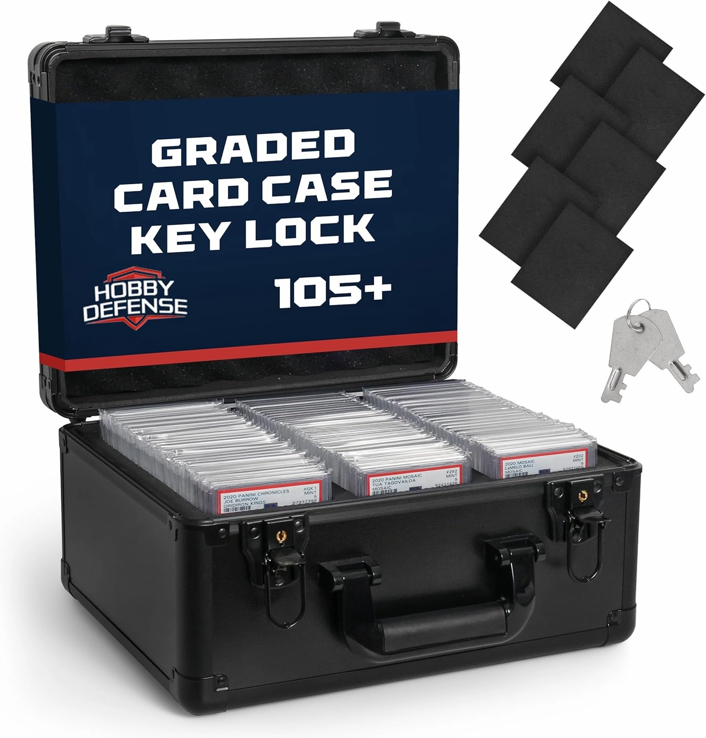 Graded Card Case, 3 Row with Key Lock, PSA Slab Case for Graded Cards, Trading Storage Box- Black