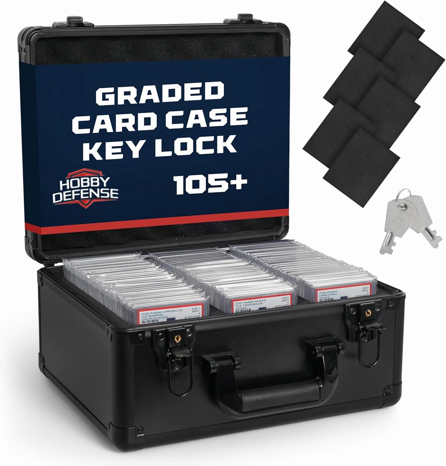 Graded Card Case, 3 Row with Key Lock, PSA Slab Case for Graded Cards, Trading Storage Box- Black
