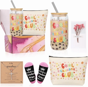 Grandma Gifts Basket 7pcs Mother's Day Birthday Best Great Grandmother ever Gigi Gift 16oz Drinking Glass Cups Necklace Socks Make up Bag Cool Grandma Club