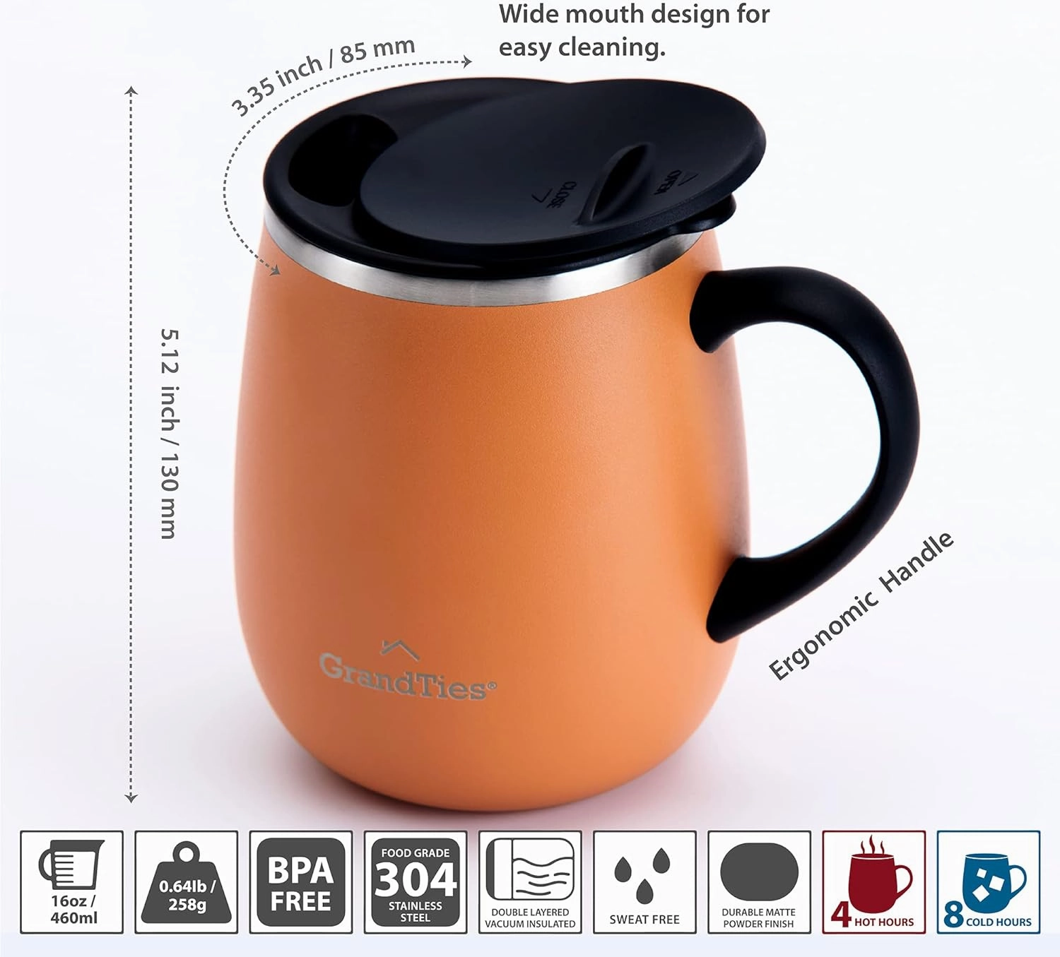 GRANDTIES Insulated Coffee Mug with Handle - Sliding Lid for Splash-Proof 16 oz Wine Glass Shape Thermos Tumbler with Double Walled Vacuum Stainless Steel to Keeps Beverages Hot or Cold - Carrot