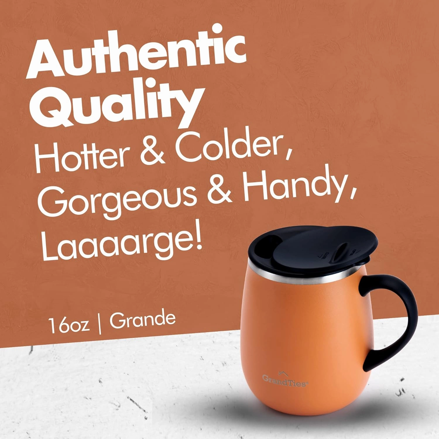 GRANDTIES Insulated Coffee Mug with Handle - Sliding Lid for Splash-Proof 16 oz Wine Glass Shape Thermos Tumbler with Double Walled Vacuum Stainless Steel to Keeps Beverages Hot or Cold - Carrot