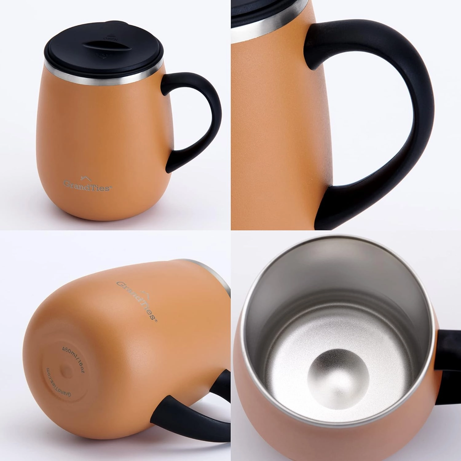 GRANDTIES Insulated Coffee Mug with Handle - Sliding Lid for Splash-Proof 16 oz Wine Glass Shape Thermos Tumbler with Double Walled Vacuum Stainless Steel to Keeps Beverages Hot or Cold - Carrot