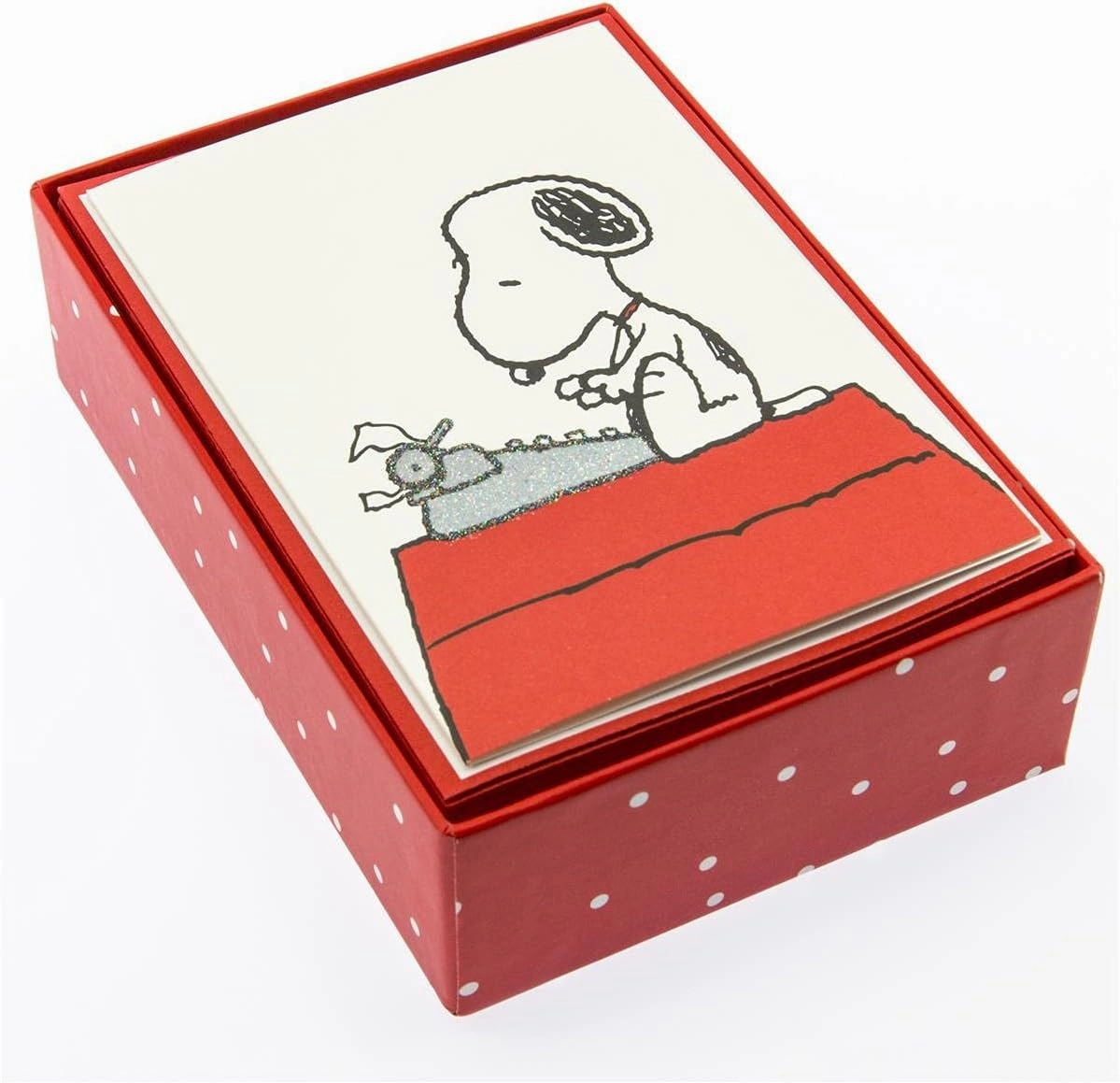 Graphique Peanuts Typewriter Boxed Notecards, 16 Snoopy at Typewriter Cards Embellished with Glitter, with Matching Envelopes and Storage Box, 3.25" x 4.75"