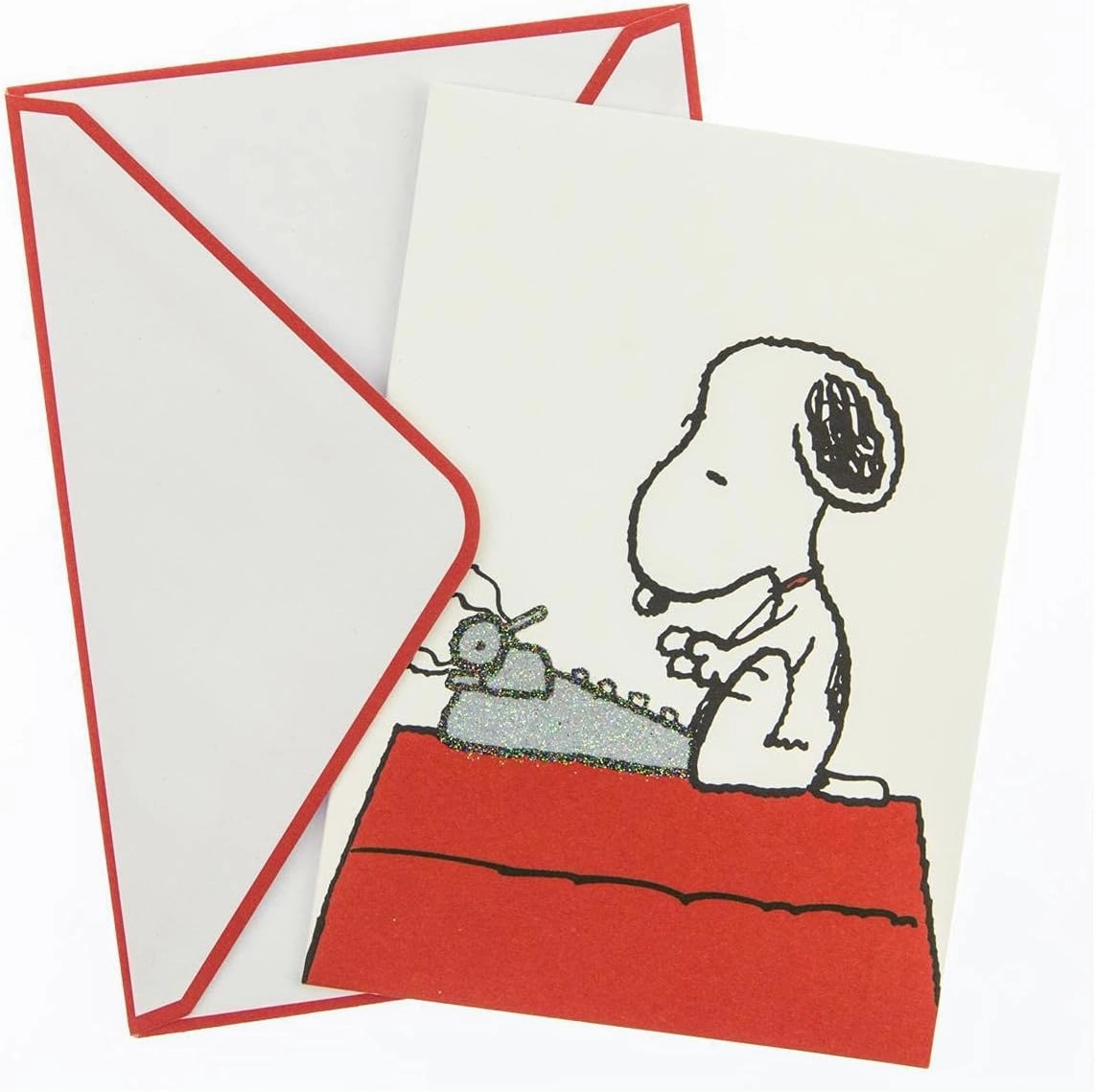 Graphique Peanuts Typewriter Boxed Notecards, 16 Snoopy at Typewriter Cards Embellished with Glitter, with Matching Envelopes and Storage Box, 3.25" x 4.75"