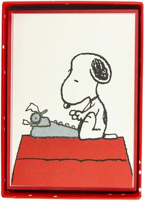 Graphique Peanuts Typewriter Boxed Notecards, 16 Snoopy at Typewriter Cards Embellished with Glitter, with Matching Envelopes and Storage Box, 3.25" x 4.75"