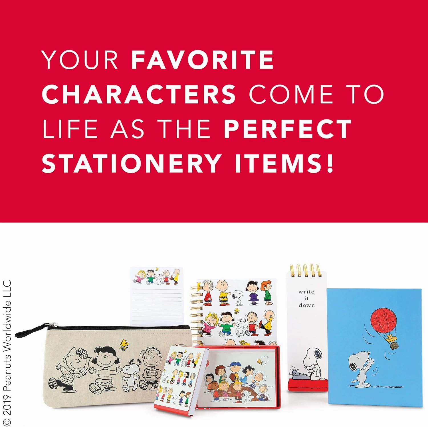Graphique Peanuts Typewriter Boxed Notecards, 16 Snoopy at Typewriter Cards Embellished with Glitter, with Matching Envelopes and Storage Box, 3.25" x 4.75"