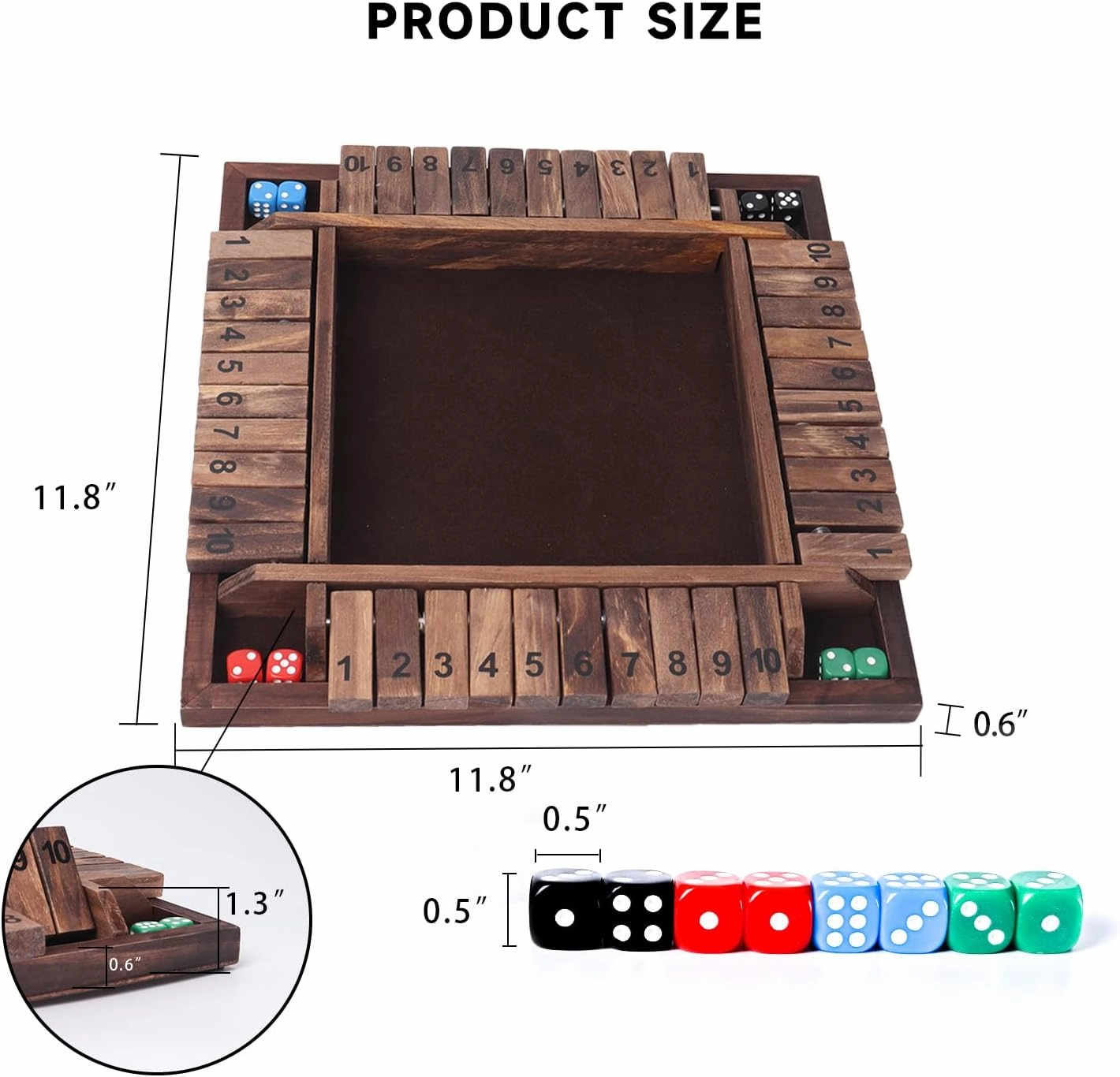 GSE Games & Sports Expert 1-4 Player Wooden Shut The Box Dice Board Game with 8 Dice. 4-Way 10 Numbered Shut The Box Set of Popular English Pub Board Game - Walnut