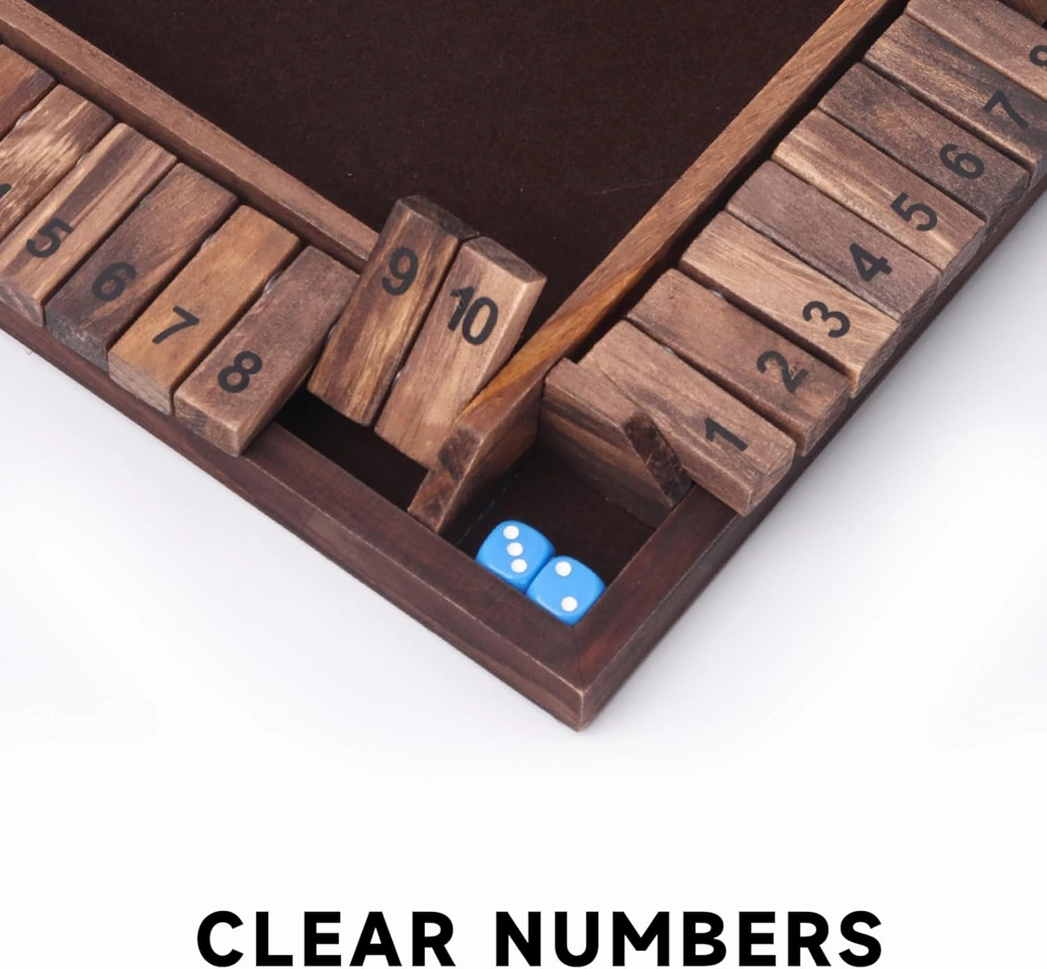 GSE Games & Sports Expert 1-4 Player Wooden Shut The Box Dice Board Game with 8 Dice. 4-Way 10 Numbered Shut The Box Set of Popular English Pub Board Game - Walnut