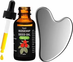 Gua Sha Facial Tools & Rosehip Oil 2 in 1, Stainless Steel Gua Sha Tool, Premium Gua Sha Set with Oil for Facial Skin Care Body Eyes Neck Massage