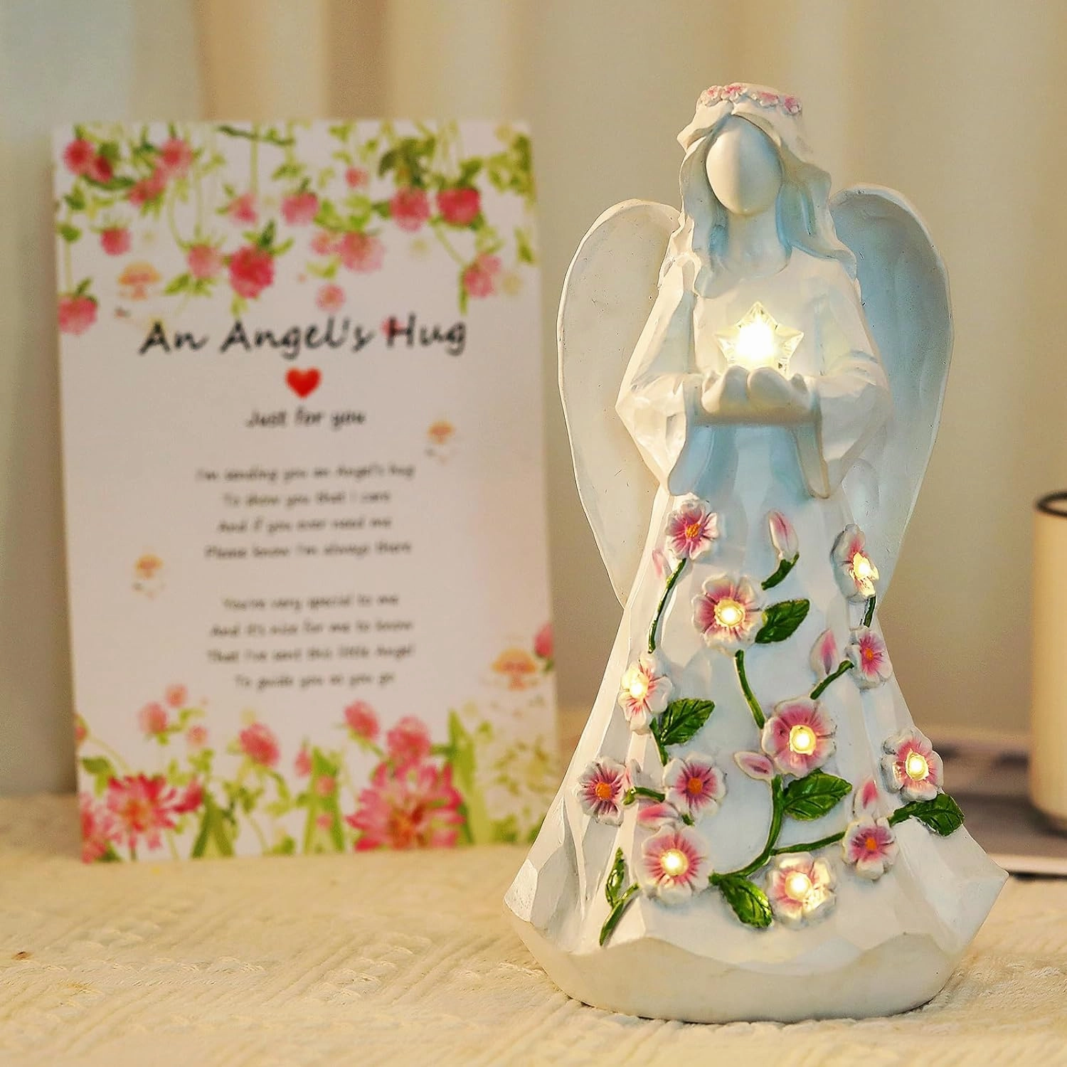 Guardian Angel Figurines with Light Star Battery Operated Angel Statue Decor, Birthday Gift for Grandma Grandmother Aunt Birthday Gift (with Timing Function)
