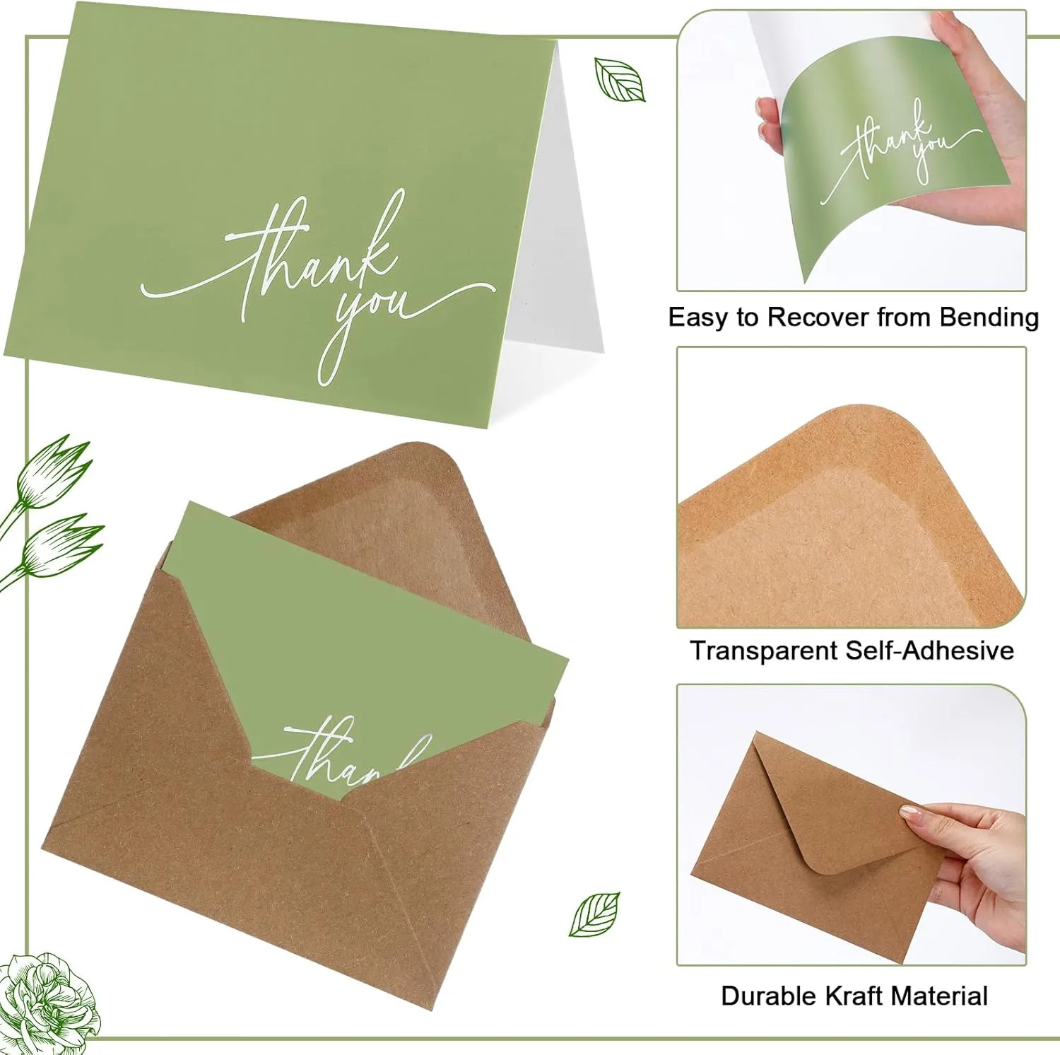 Gueevin 200 Pcs Thank You Cards with Kraft Envelopes and Stickers Bulk, 3.5 x 5 Inch Classy Blank Thank You Notes for Wedding, Business, Graduation, Baby Shower, Bridal Shower, Funeral(Sage Green)