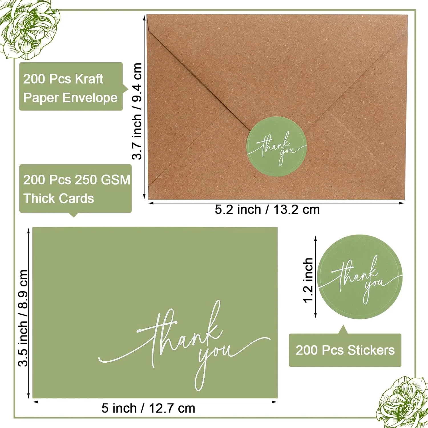 Gueevin 200 Pcs Thank You Cards with Kraft Envelopes and Stickers Bulk, 3.5 x 5 Inch Classy Blank Thank You Notes for Wedding, Business, Graduation, Baby Shower, Bridal Shower, Funeral(Sage Green)