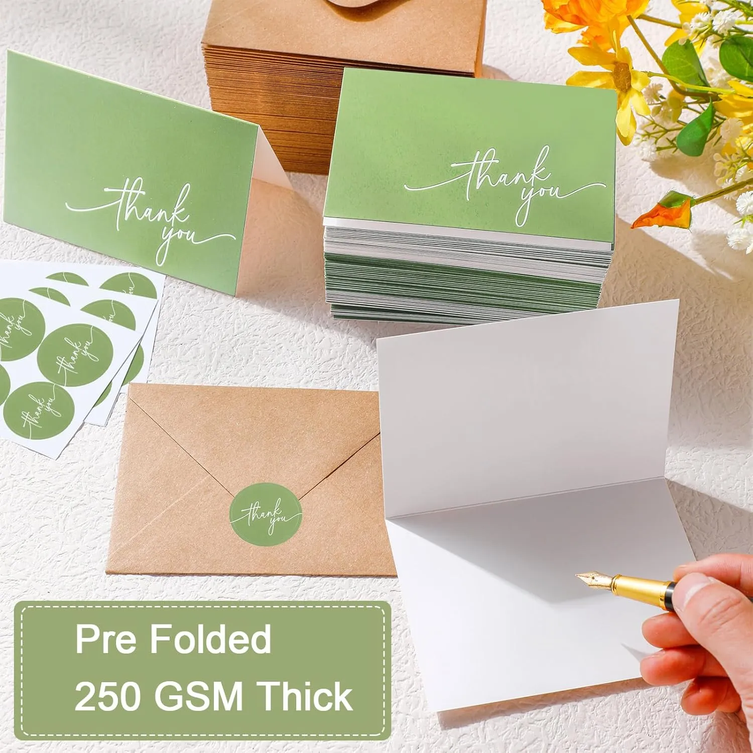 Gueevin 200 Pcs Thank You Cards with Kraft Envelopes and Stickers Bulk, 3.5 x 5 Inch Classy Blank Thank You Notes for Wedding, Business, Graduation, Baby Shower, Bridal Shower, Funeral(Sage Green)