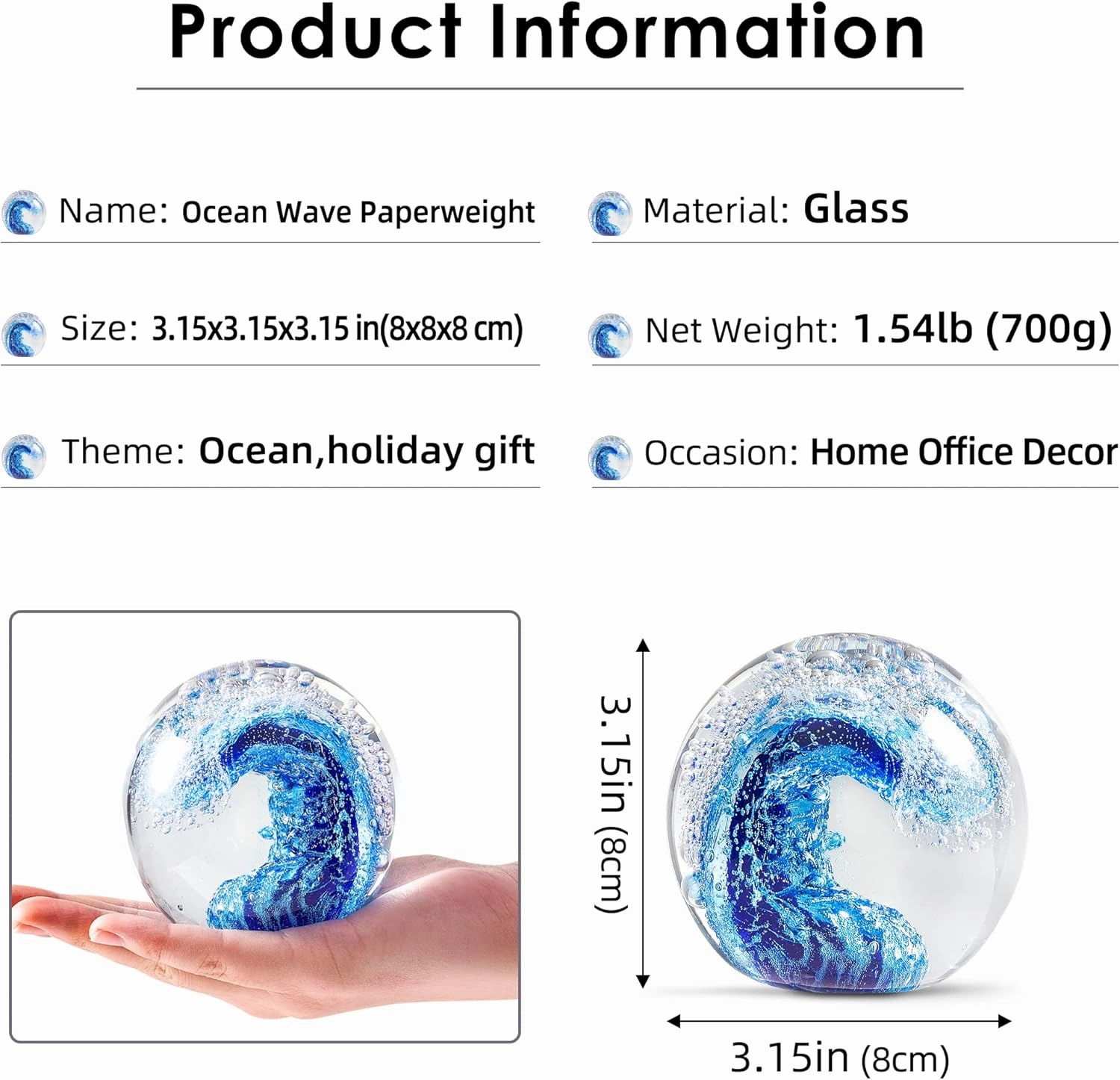 Hand Blown Underwater World of Glass,Office Paperweight Glass for Desk,Home Decor Collectible,Aquarium Decor,Office Decor Ocean Lovers (Ocean Wave)