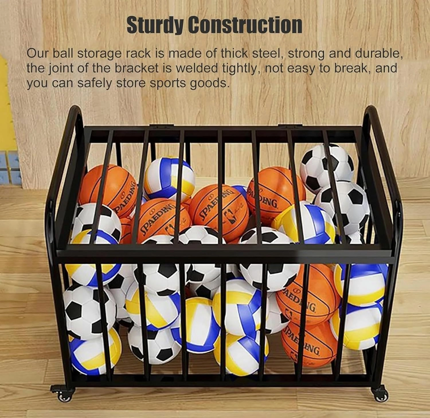 Heavy Duty Rolling Ball Cart with Lockable Wheels & Lid, Home/School Playground/Gym Sports Equipment Organizer Rack for Baseball/Soccer/Basketball~/