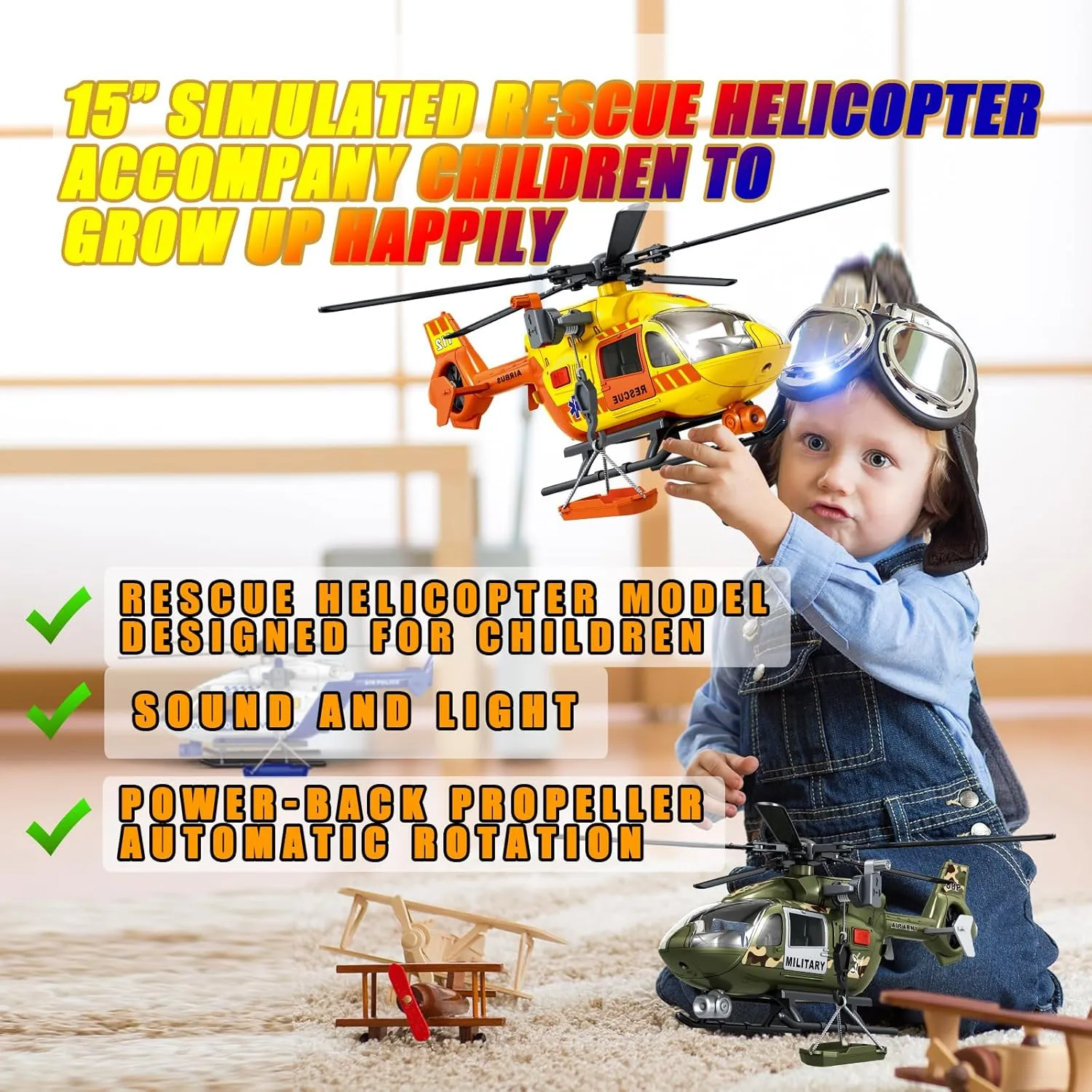 Helicopter Toy with Lights and Sound,Simulative Rescue Helicopter Vehicles Toys for Kids Aged 3 and Up,Pull-Back Propeller Army Toys Toddler Kids Boys Gifts (Military Helicopter)