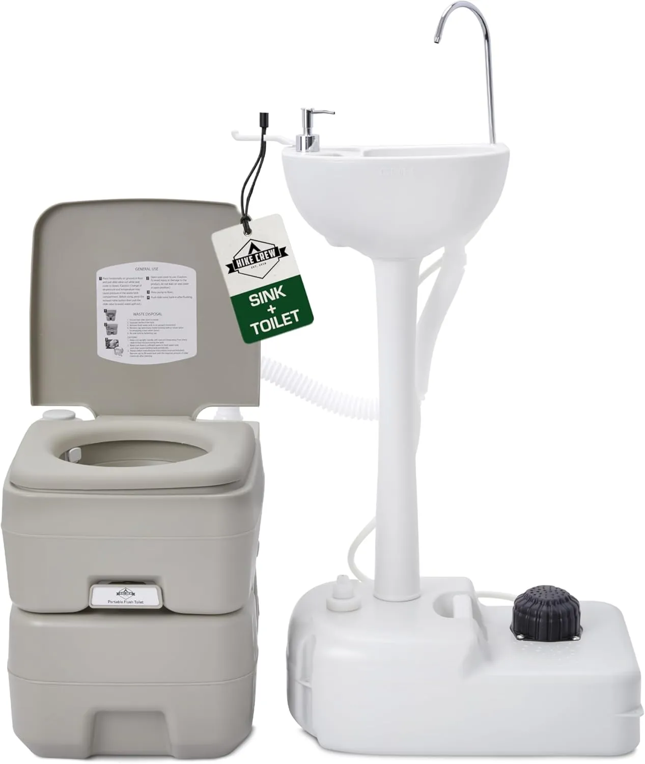 Hike Crew Portable Camping Sink & Toilet | Large Hand Washing Station with 4.5 Gal Capacity, Hands-Free Foot Pump, Faucet, Soap Dispenser & Towel Rack | Includes Travel Toilet with 5 Gal Waste Tank