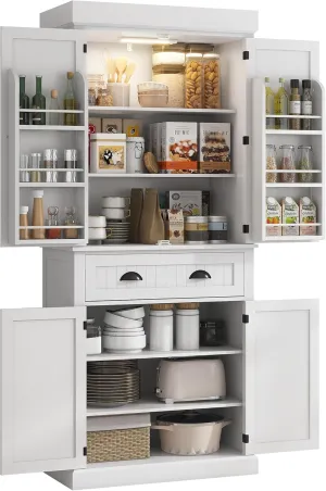 HOMCOM 71" Kitchen Pantry Cabinet with LED Motion Sensor Light, Tall Storage Cabinet with 6 Door Shelves, Drawer & Adjustable Shelves, for Living & Dining Room, White