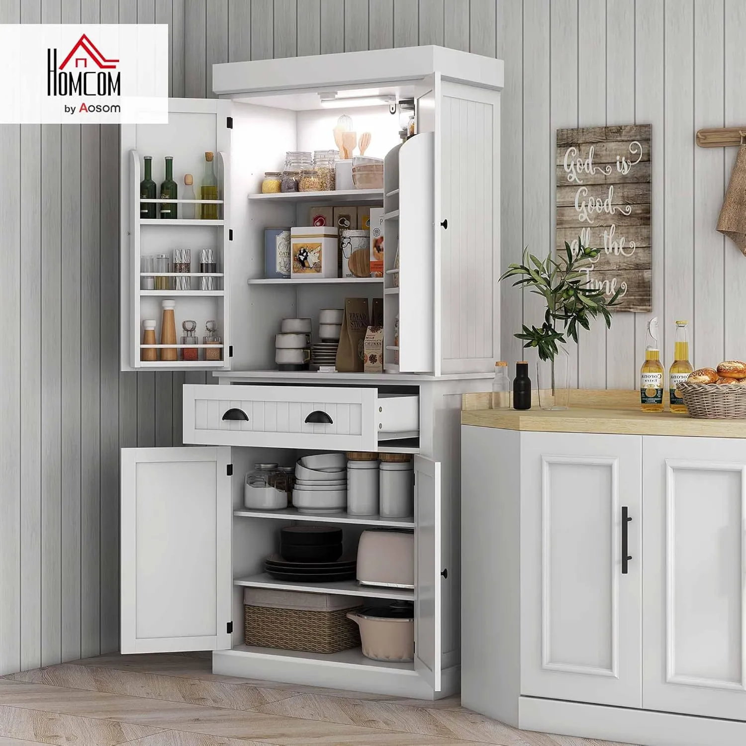 HOMCOM 71" Kitchen Pantry Cabinet with LED Motion Sensor Light, Tall Storage Cabinet with 6 Door Shelves, Drawer & Adjustable Shelves, for Living & Dining Room, White
