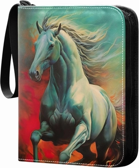Horse Galloping Painting Card Binder 4 Pocket Collectible Trading Card Albums with 50 Sleeves Double Side PU Waterproof 3 Ring for Sports & Game Cards