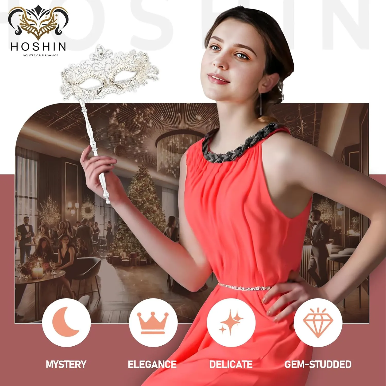 Hoshin Masquerade Mask with Stick, Mardi Gras Deecorations Venetian Masks for Womens