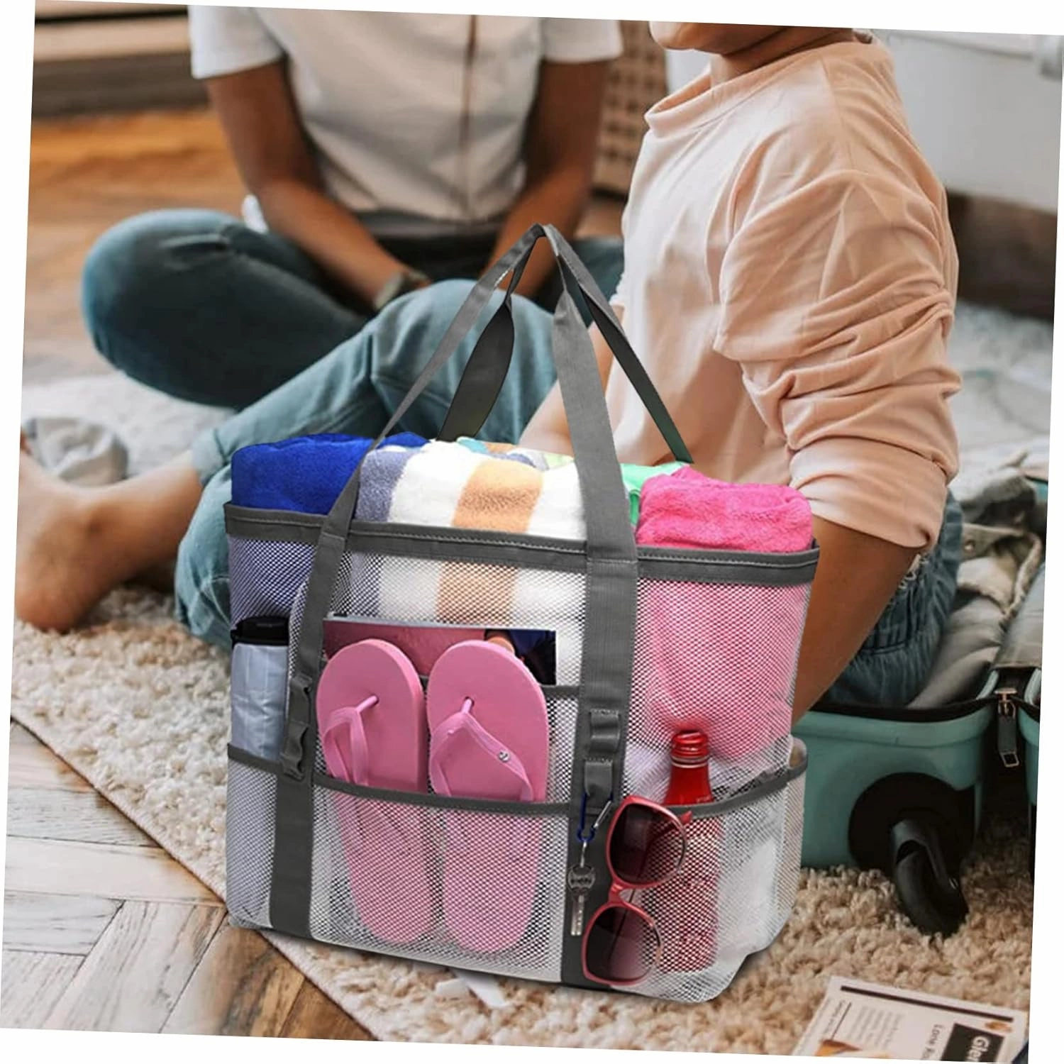 Housoutil 2pcs Portable Beach Toiletry for Toy with Organizers Use Multifunctional Mesh Bag Handle Basket, Whitex2pcs, 59x36cmx2pcs
