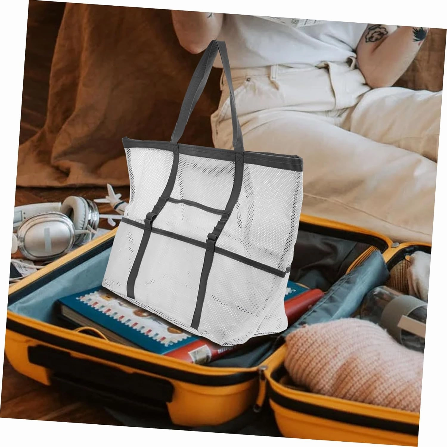 Housoutil 2pcs Portable Beach Toiletry for Toy with Organizers Use Multifunctional Mesh Bag Handle Basket, Whitex2pcs, 59x36cmx2pcs