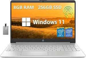 HP 2022 15.6'' HD Touchscreen Laptop, 11th Gen Intel Core i3-1115G4, 8GB DDR4 RAM, 256GB PCIe SSD, Intel UHD Graphics, HD Audio, 720p HD Camera, Win 11, Silver, 32GB Snow Bell USB Card