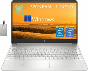 HP 15.6” HD Touchscreen Student Laptop, Intel Core i3-1115G4, 32GB RAM, 1TB PCIe SSD, Intel UHD Graphics, HD Webcam, Wi-Fi 5, Bluetooth, Silver, Win 11, 32GB Snow Bell USB Card