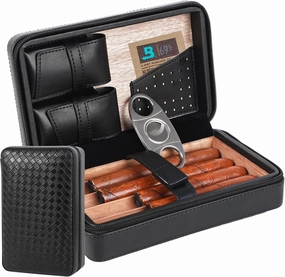 Humidor for up to 4 cigars. Woven textured style leather to hold your 69 humidor pack , interior made of cedar wood with cigar cutter, cigar case, cigar humidor for easy portability and travel