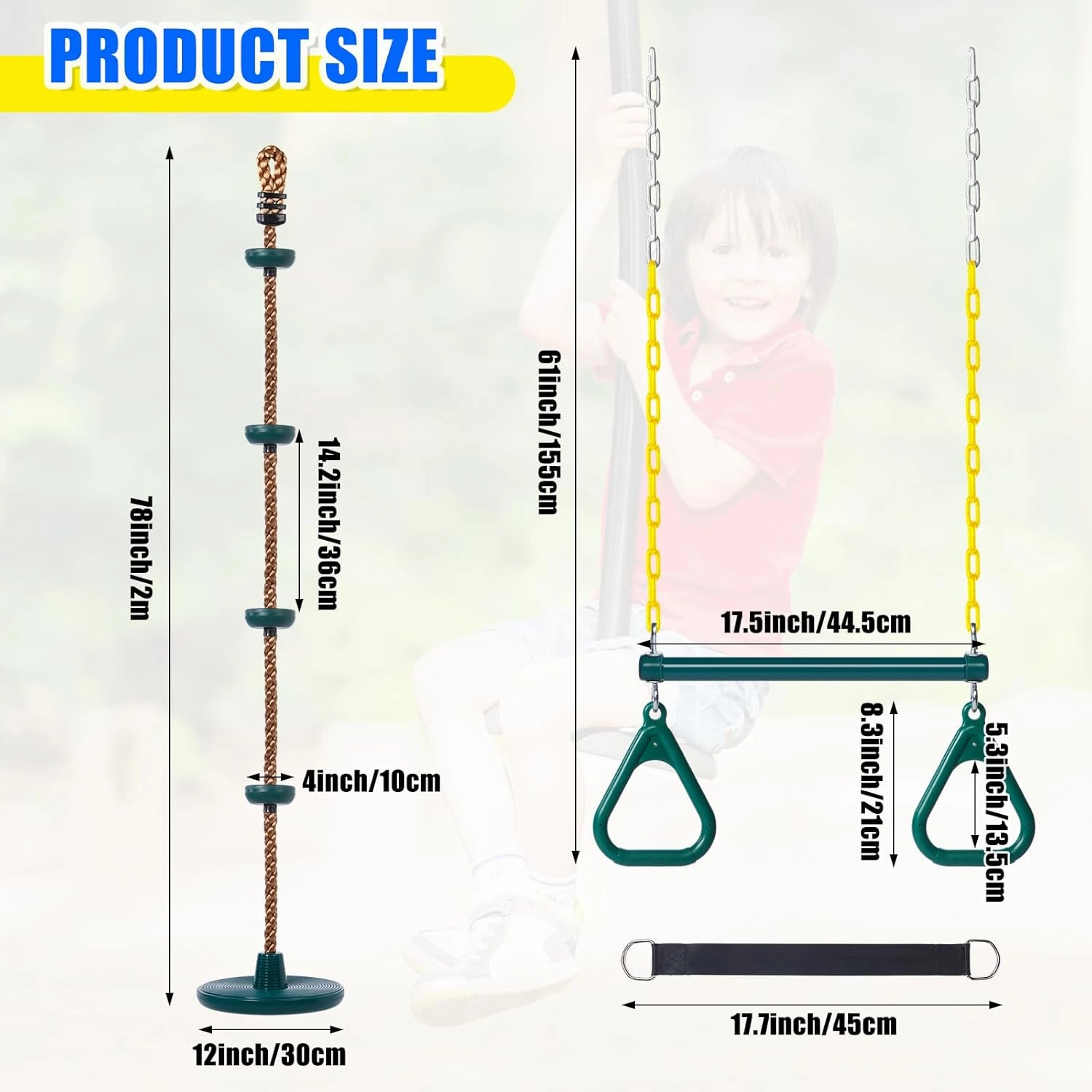 Hungdao 2 Set Gym Ring Trapeze Swing Bar and Climbing Rope with Platforms Disc Heavy Duty Coated Chains Seat Accessories for Outdoor Indoor Playground Backyard(Green)