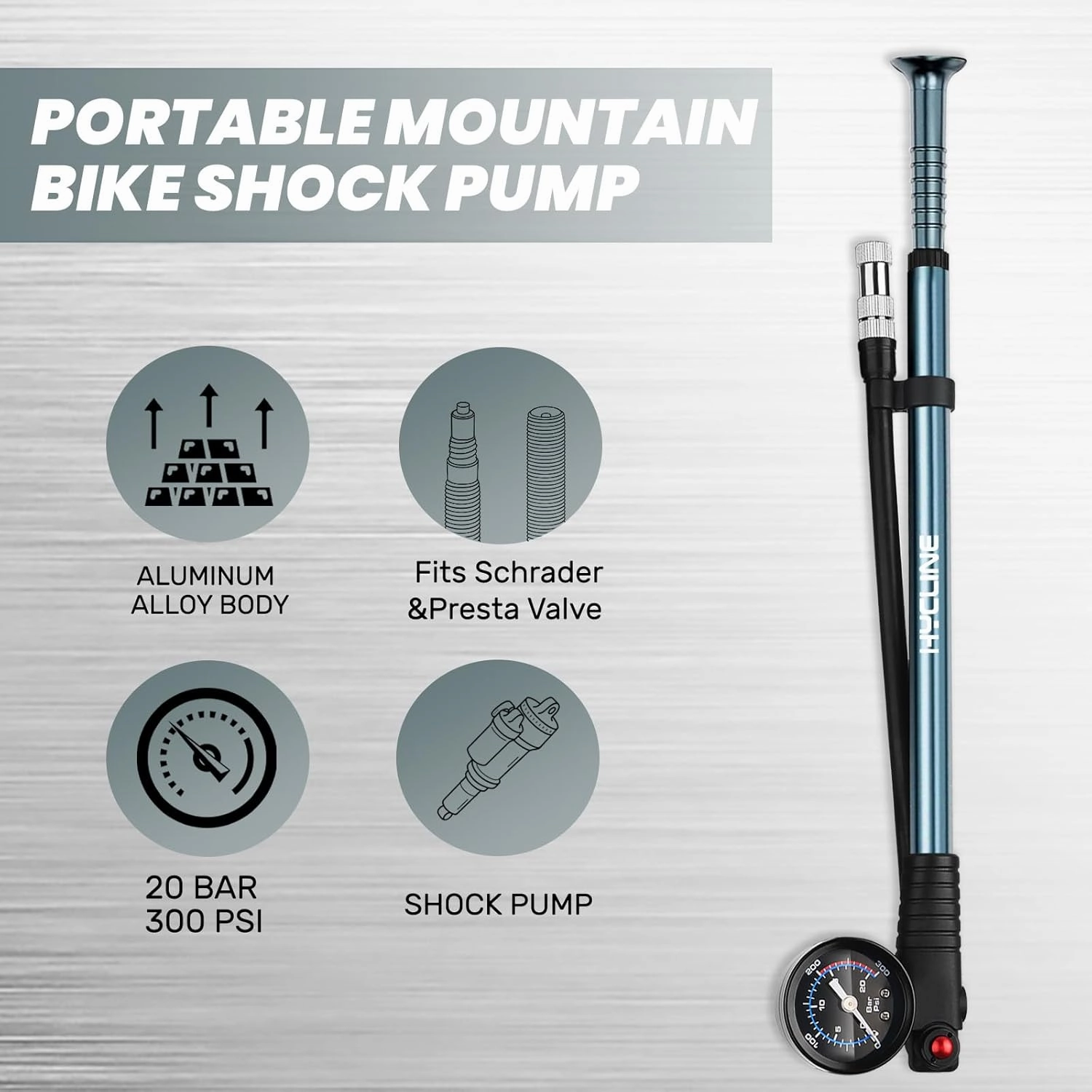 Hycline Shock Pump for Mountain Bike, High Pressure 300 Psi for Front Fork and Rear Bicycle Suspension Air Pump with Gauge Fits Schrader & Presta Tire Valve